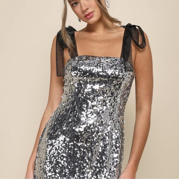 Lulus Dresses & Skirts - Lulu’s Black Silver Sequin Tie-Strap Mini Dress​ XL Disco Vegas Bachelorette
